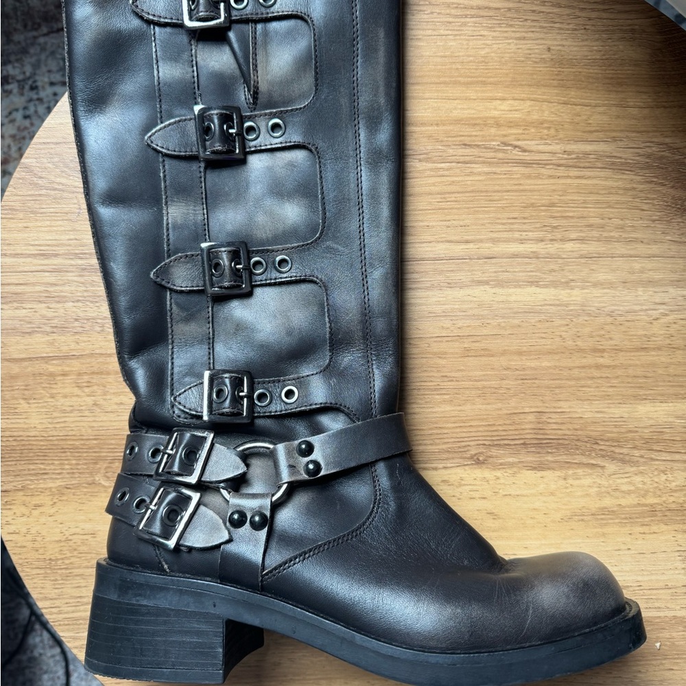 Steve Madden Dark Leather Buckle Combat Boots